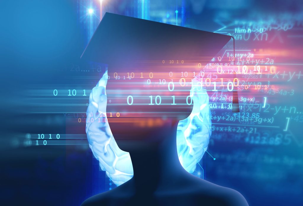 Conceptual depiction of education and technology utilizing binary code superimposed over a figure wearing a graduation cap.